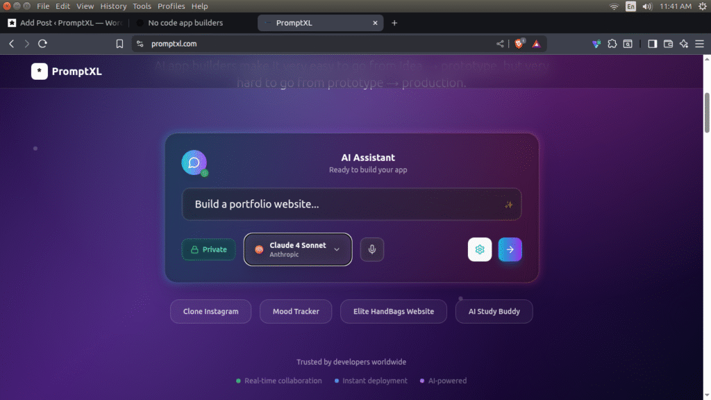 PromptXL dashboard mockup with AI prompt input.