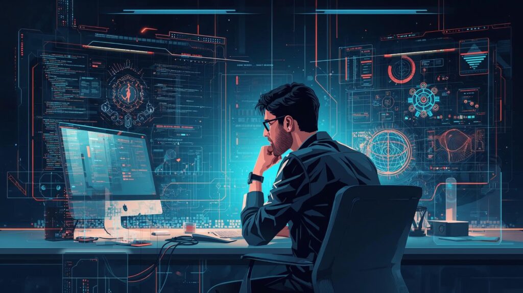 “AI developer working with holographic code using PromptXL to build intelligent applications.”