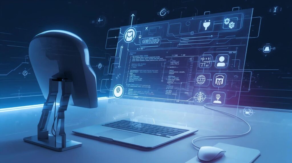 “AI GitHub workflow illustration showing PromptXL automating code and deployment.”