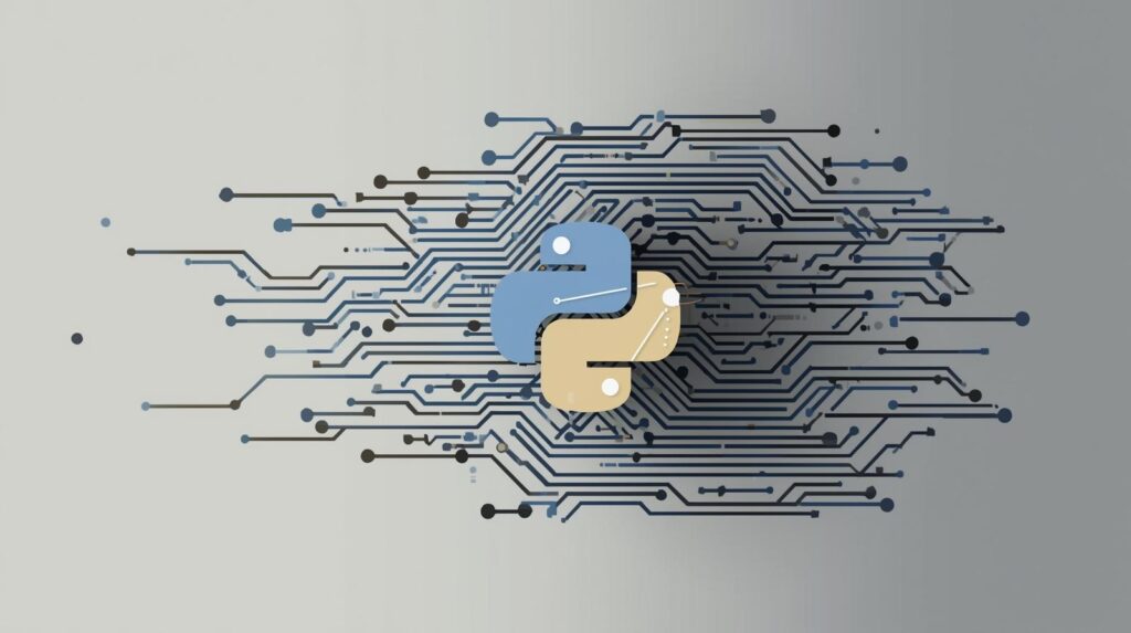 Illustration of AI Python integration showing artificial intelligence automating Python app development and dependency management using PromptXL and pip.